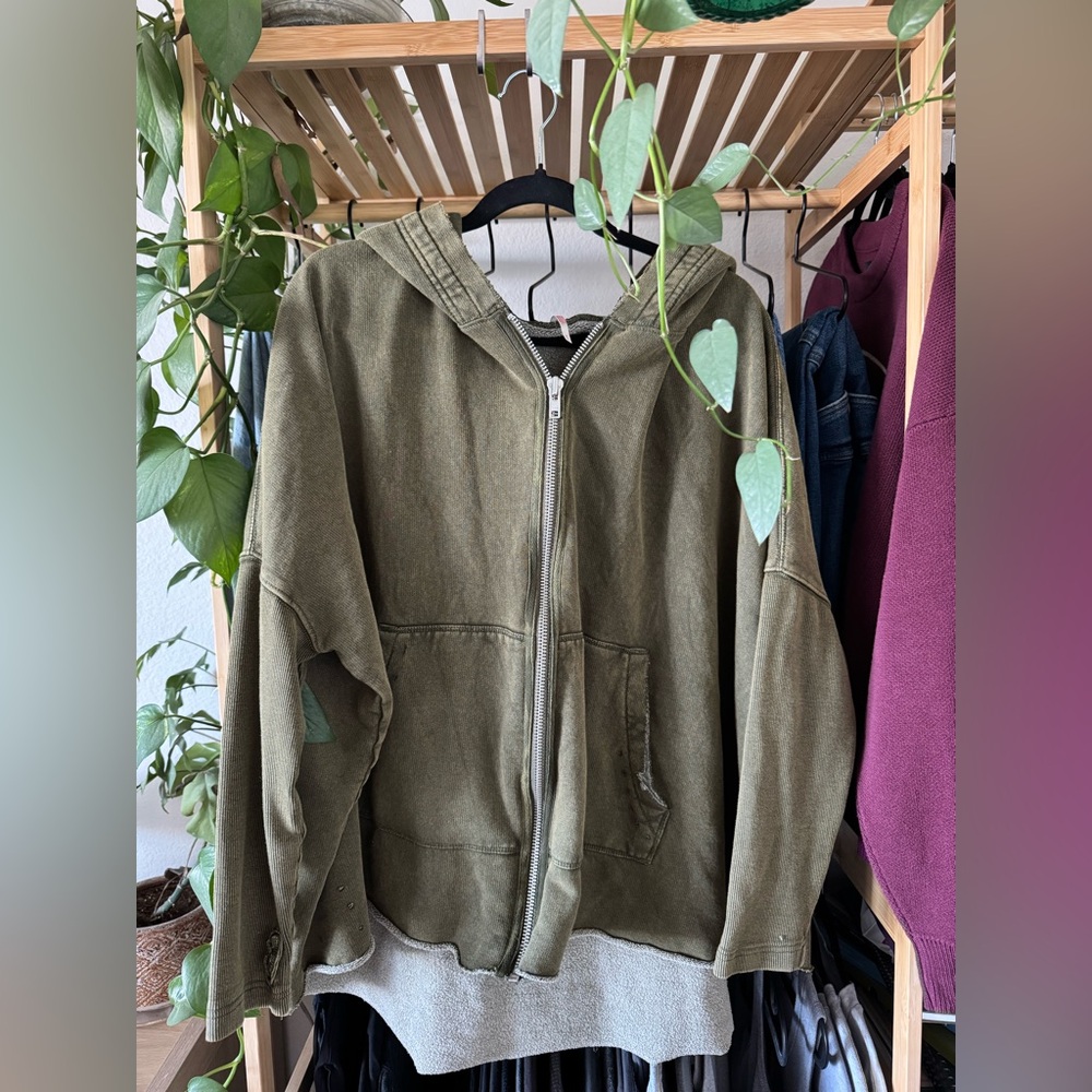 Free People Green Oversized High Low Bat Wing Zip Up Hoodie